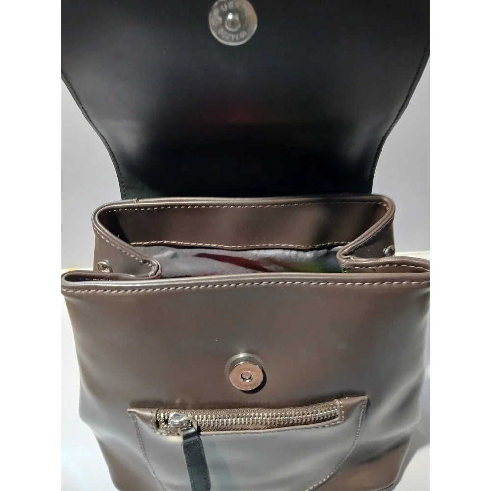 L CREDI Two Tone Leather Mini‎ Backpack Brown Black Flap Zip Pocket
